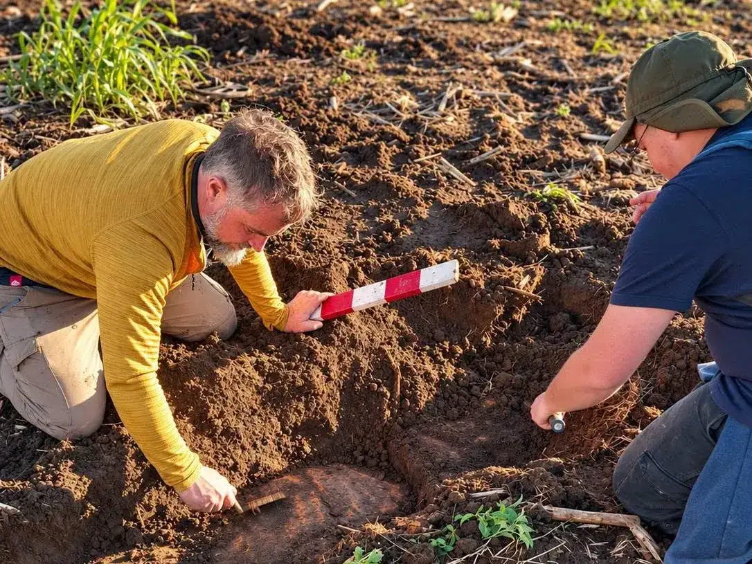 Investigadores realizan excavaciones en San José de la Esquina utilizando herramientas de precisión para documentar los hallazgos históricos descubiertos recientemente. Gentileza.