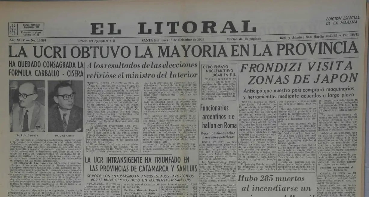 Tapa de El Litoral del 18 de diciembre de 1961 con el resultado electoral. Foto: Archivo El Litoral