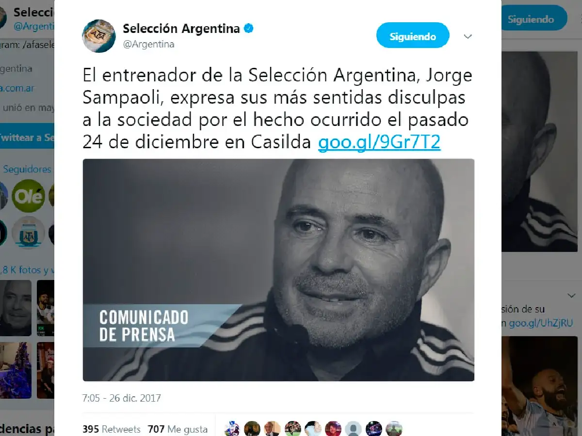 Sampaoli pidió disculpas mediante un comunicado