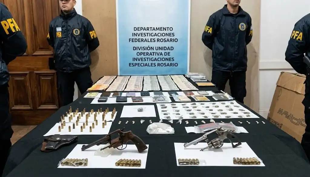 Los efectivos incautaron dosis de cocaína y marihuana, dos revólveres, municiones, 29 teléfonos celulares y más de 1,6 millones de pesos en efectivo.