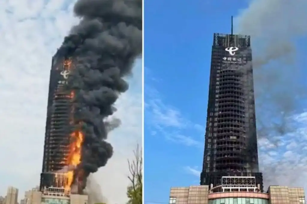 Video: un feroz incendio consumió un rascacielos en China