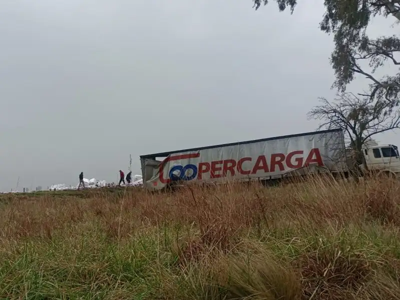 El camión terminó en la banquina y muchas botellas de vino sobre la ruta.