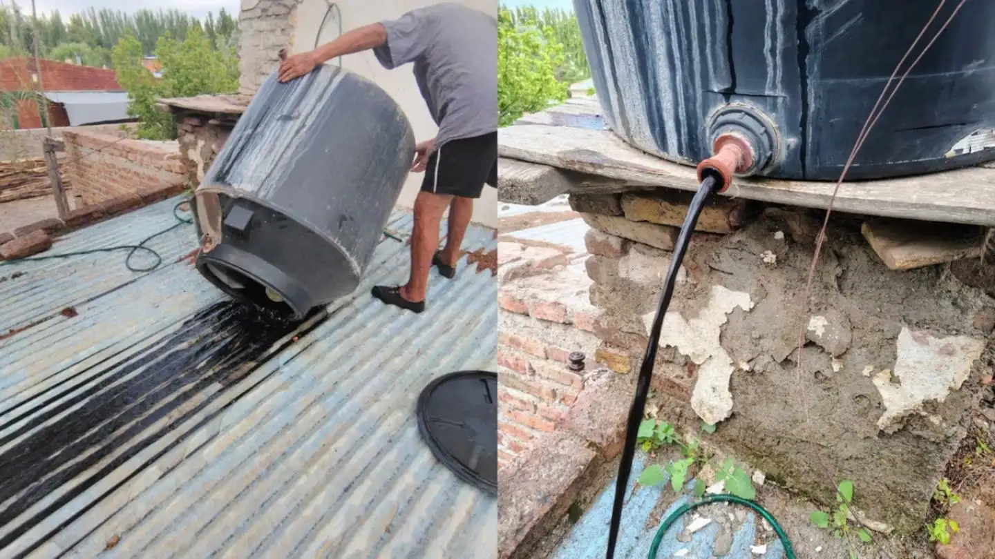 Los vecinos de Paso Córdoba tienen que buscar agua en baldes luego de que lavatorios, filtros, inodoros y tanques queden teñidos por una sustancia oscura y viscosa.