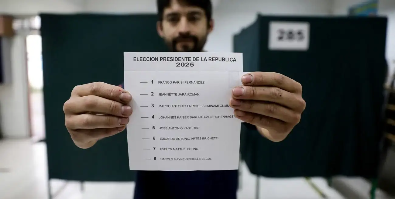 Un centro de votación en Santiago, donde uno de los votantes muestra la lista de candidatos en la boleta. Crédito: REUTERS/Juan Gonzalez