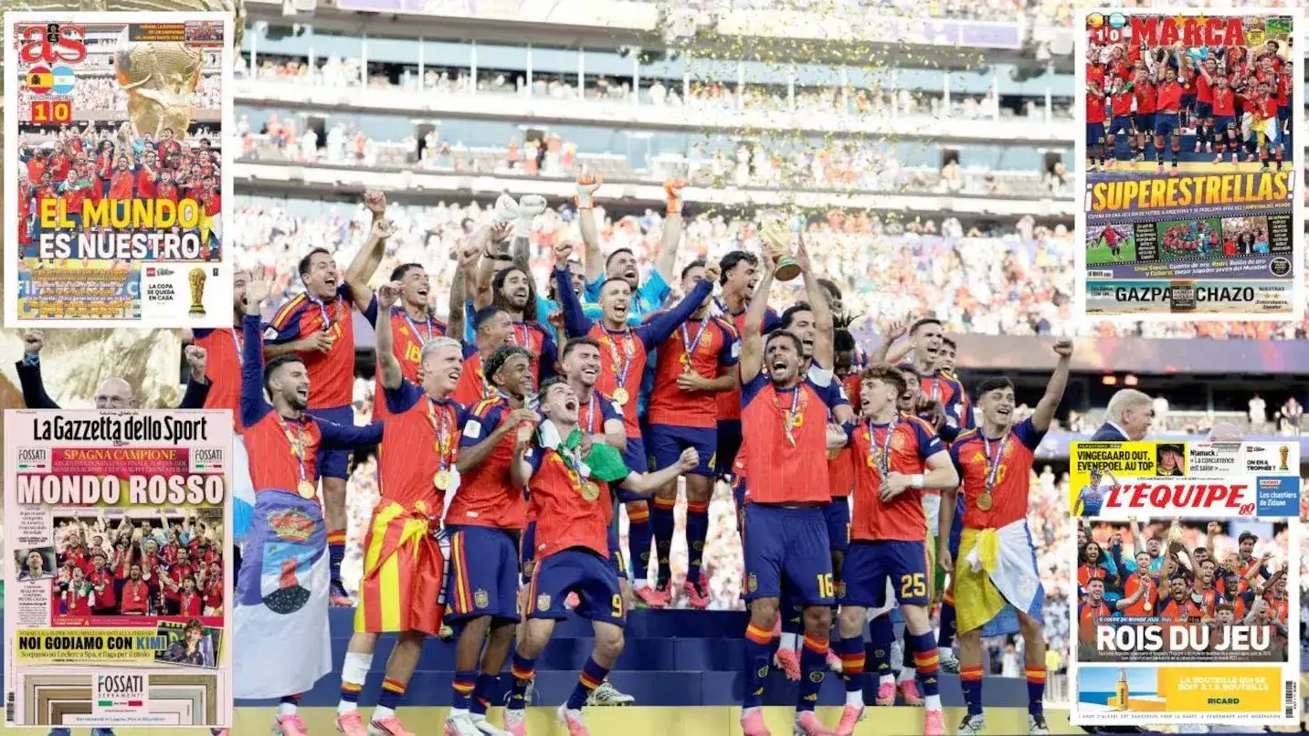 "El mundo es nuestro", "Mundo rojo", "Superestrellas": las tapas de los diarios luego del segundo campeonato de España. (Foto: Reuters - Evan Vucci)