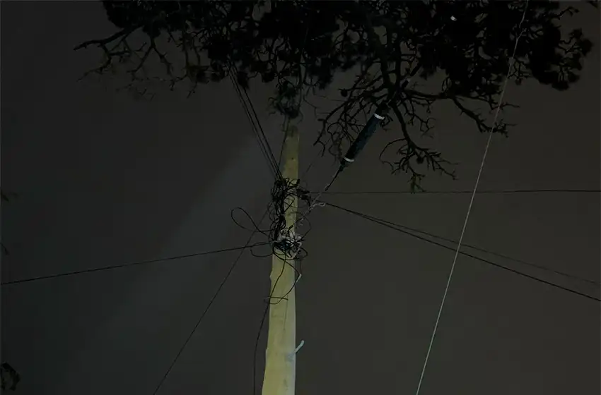 Tres hombres son sorprendidos trepados a un poste robando cables de teléfono