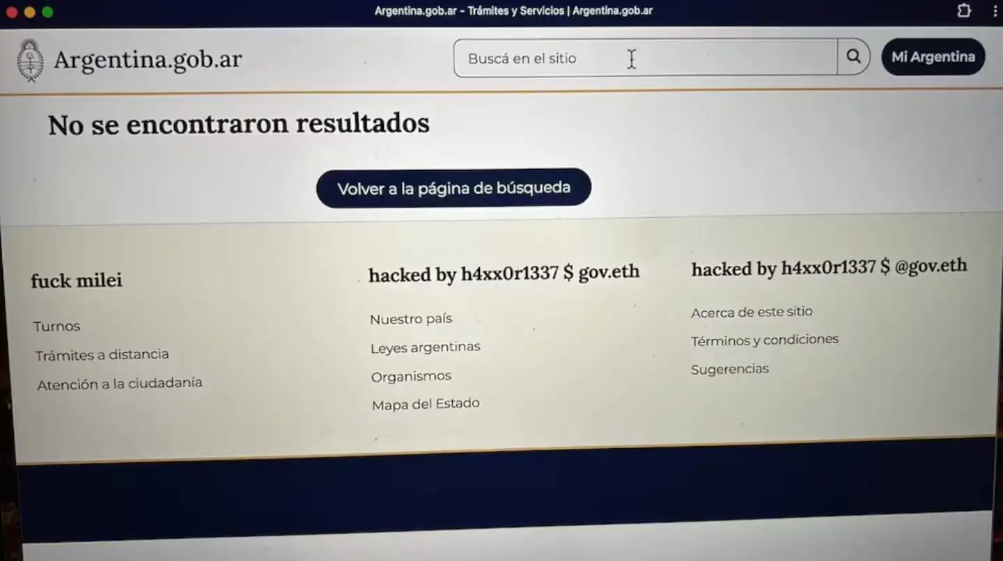 Así apareció el sitio web de Mi Argentina tras el ataque cibernético.