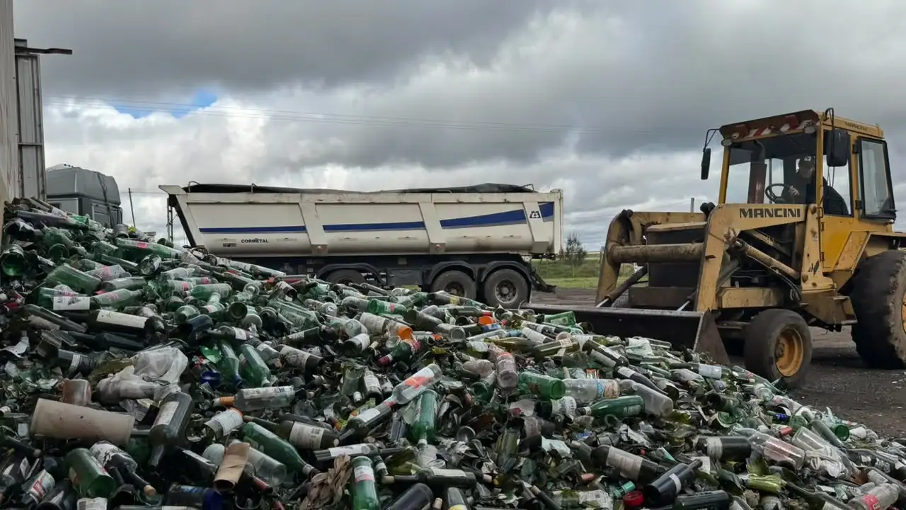 Una pala mecánica trabaja en la planta de reciclaje de Elortondo, donde se acumulan grandes cantidades de botellas de vidrio recuperadas para evitar que terminen en el basural, promoviendo así la economía circular y el cuidado del medio ambiente.