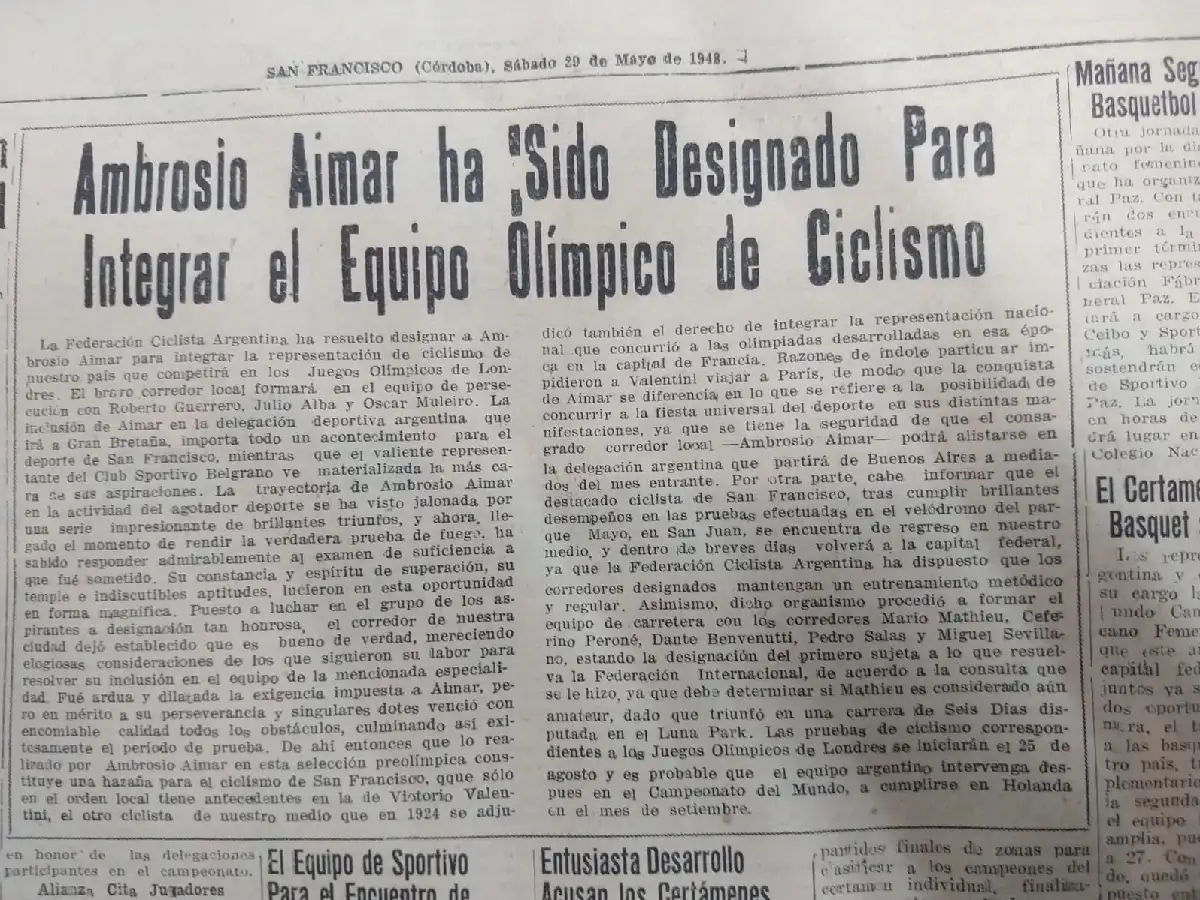 Hace 75 años, Ambrosio Aimar  era designado en el equipo olímpico de ciclismo 