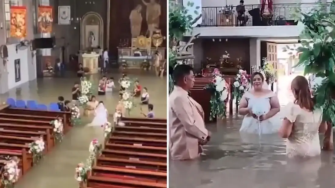 La iglesia quedó inundada, pero decidieron casarse igual