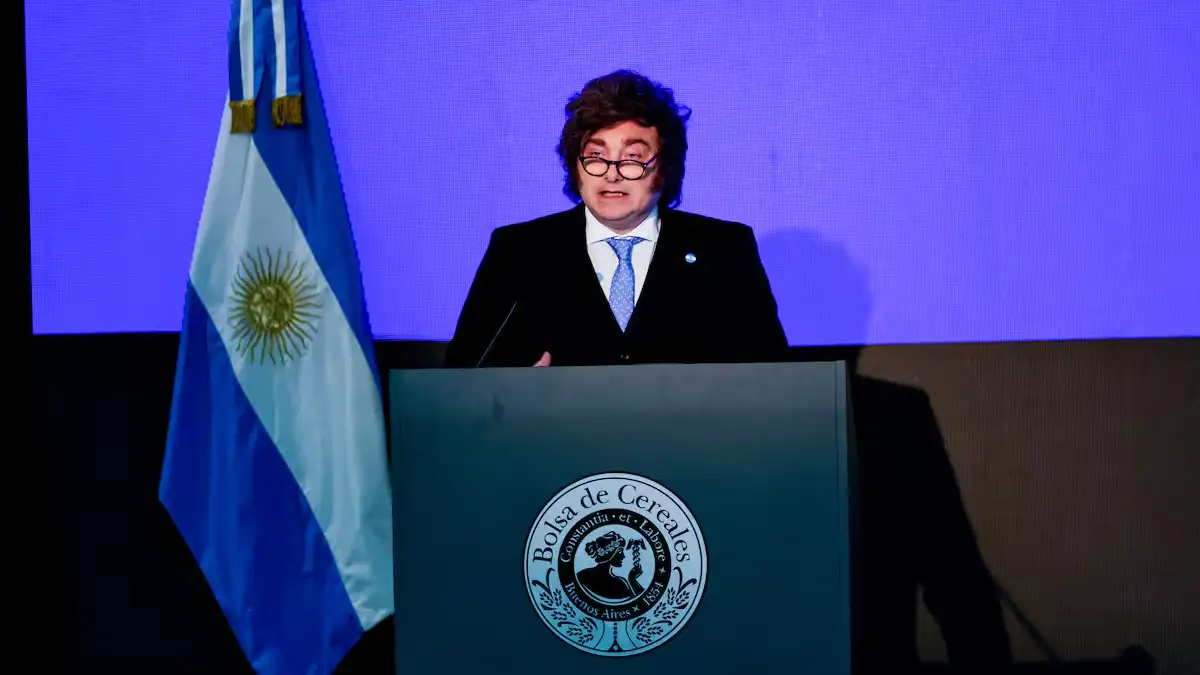 Javier Milei en la Bolsa de Cereales de Buenos Aires.