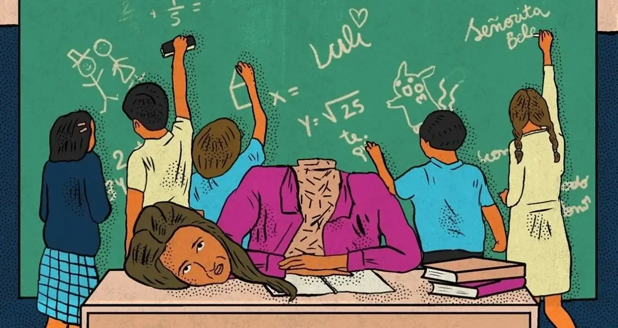 Resulta urgente identificar al desgaste docente como el resultante de la fricción de diversos dispositivos sociales, económicos y culturales. Ilustración: Brenda Greco / Revista Crisis